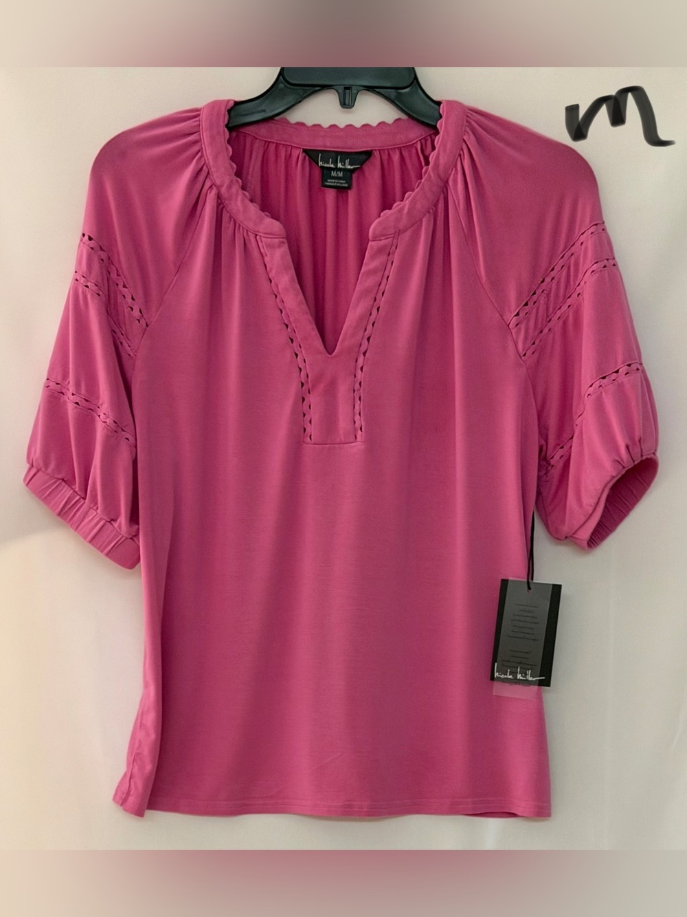 Nicole Miller Fuchsia Split Neck Short Sleeve Blouse